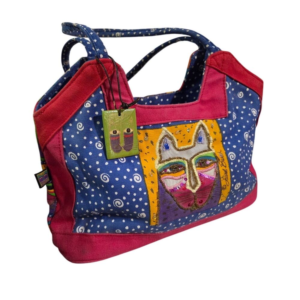 Vtg Laurel Burch CAT Shoulder Bag Colorful Canvas Tote Purse Blue Pink